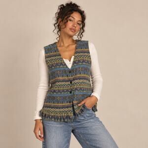 Vintage Croquet Club Fleece Geometric Southwestern Fringe Vest S/M Outdoorsy 90s